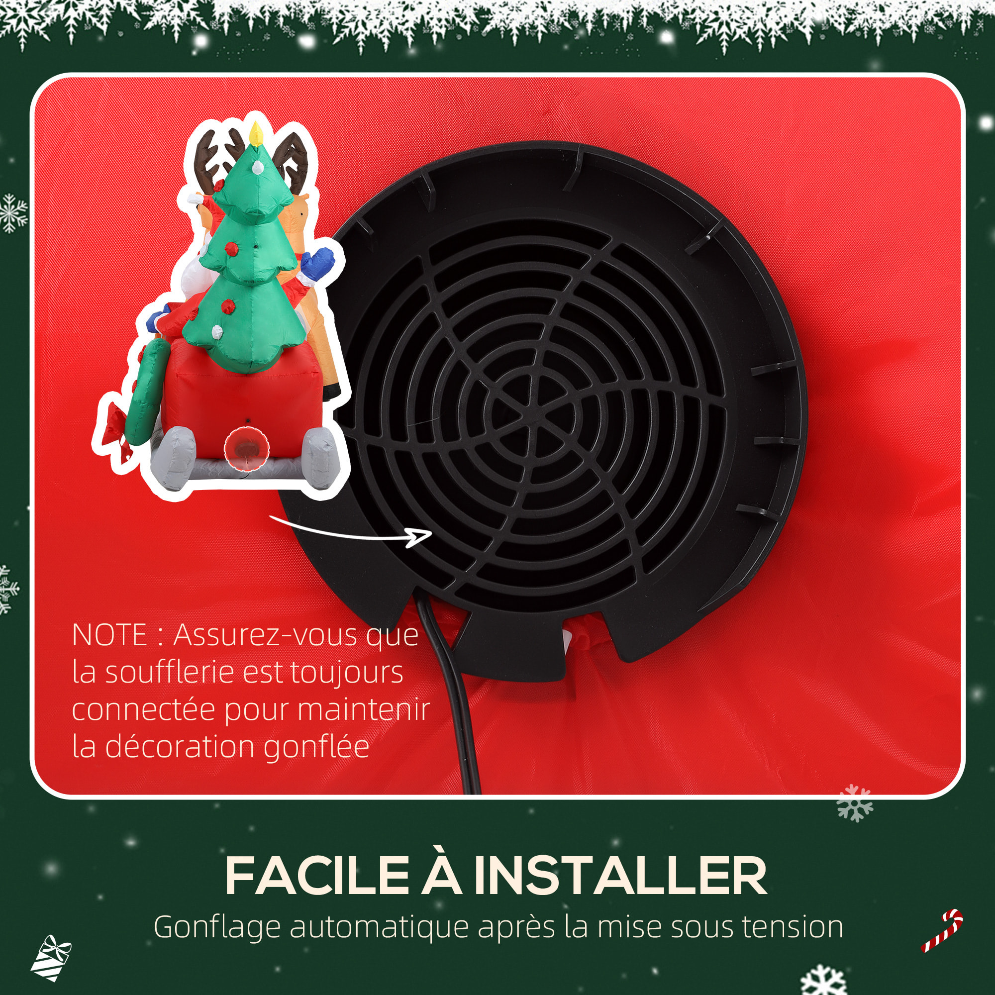 Traîneau Père Noël gonflable LED avec 2 rennes - matériel fixation et souffleur inclus - polyester
