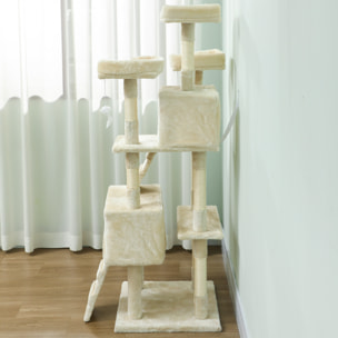 Árbol Rascador para Gatos, Árbol para Gatos 153 cm, Torre Escalador con 2 Cuevas, 3 Camas, 2 Rampas, Postes de Sisal, 2 Ratones Colgantes, Crema