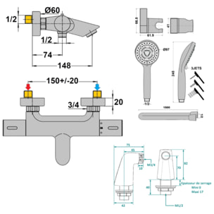 Mitigeur bain douche thermostatique PAINI Ruby + Minikit douchette 3 jets rond Ruby + Colonnettes Noir mat