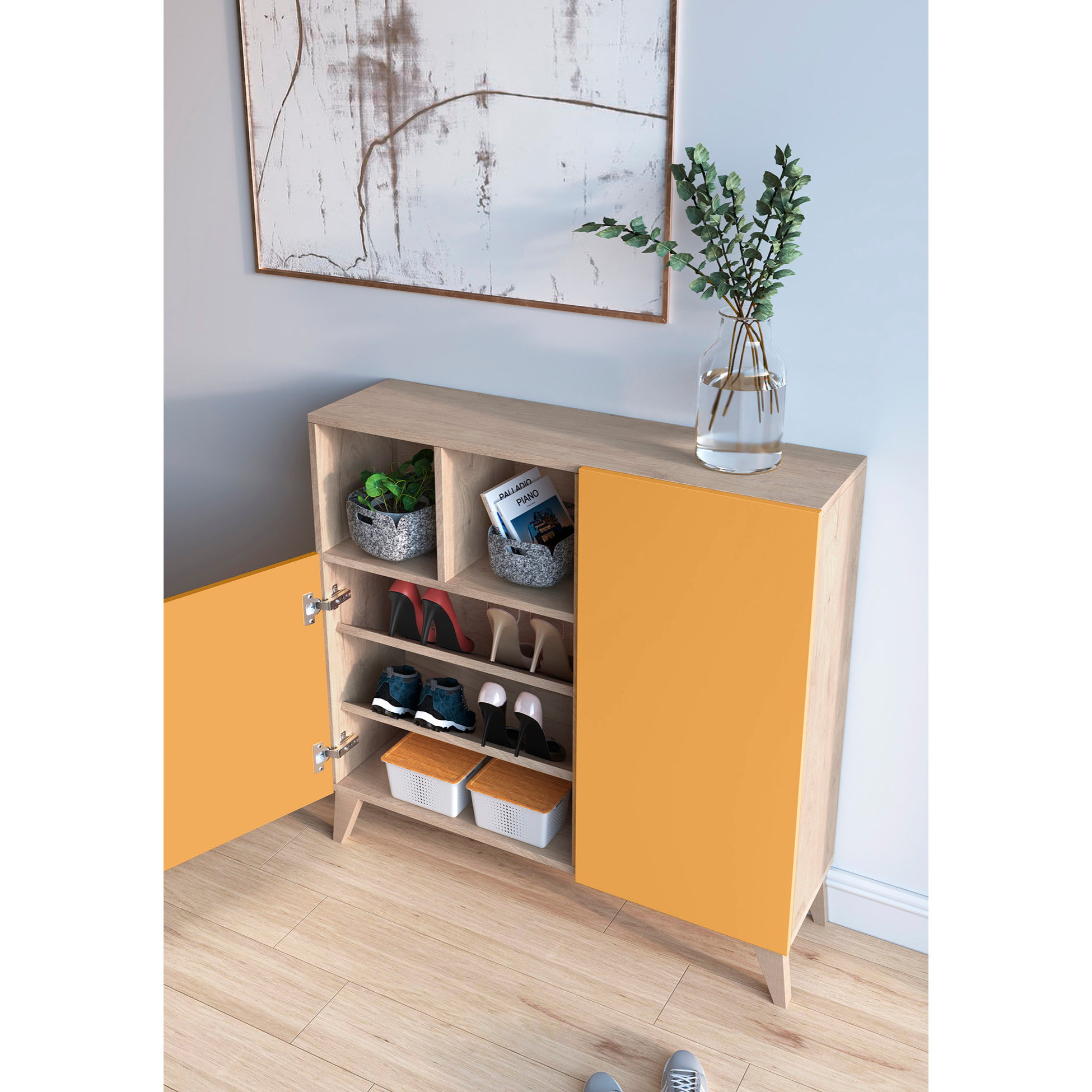 Zapatero Oslo melamina roble claro puertas mostaza 87x90x27 cm