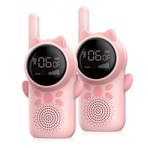 DAM Walkie Talkies infantiles D25, 1-3 km, pantalla 1,5'' a color, 99 códigos de grupo encriptados, luz LED. 2 unidades. Batería recargable. 7x4,5x14,3 Cm. Color: Rosa