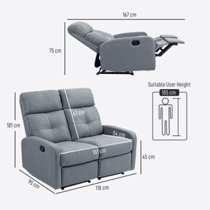 Sofá de 2 Plazas Reclinable Manual Sofá Relax Tapizado en Lino con Respaldo Ajustable por Separado Reposapiés Muelles Ensacados y Acolchado Grueso para Dormitorio Salón 118x95x101 cm Gris