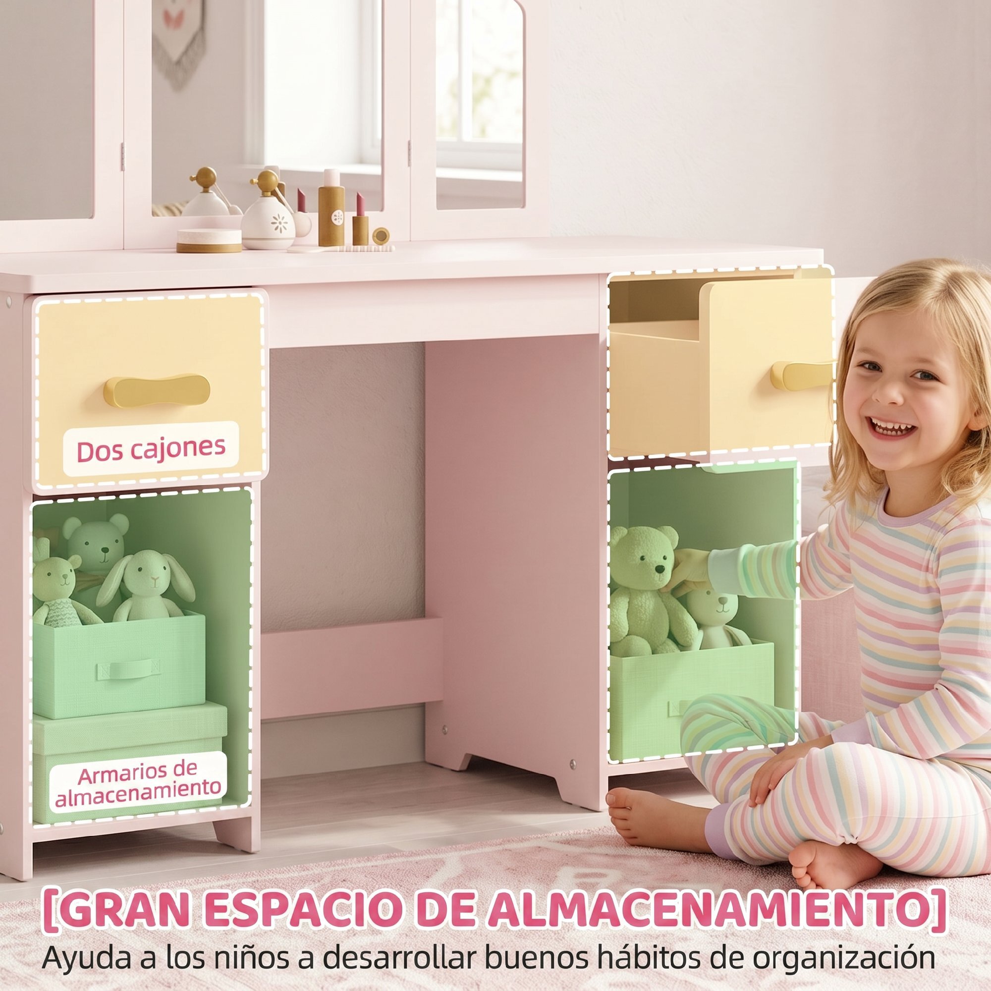 Tocador para Niñas, Tocador de Maquillaje Niñas, 2 en 1, Escritorio, con Taburete, 3 Espejos Desmontables, 2 Cajones, 2 Armarios, 6 Accesorios, a Partir de 3 Años, Rosa