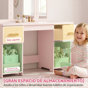 Tocador para Niñas, Tocador de Maquillaje Niñas, 2 en 1, Escritorio, con Taburete, 3 Espejos Desmontables, 2 Cajones, 2 Armarios, 6 Accesorios, a Partir de 3 Años, Rosa