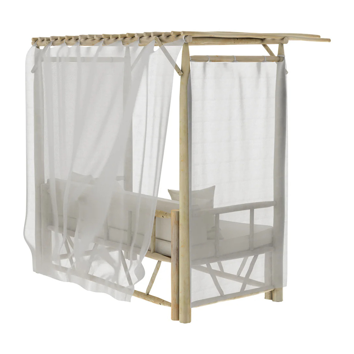 Lit à baldaquin d'extérieur en branche de teck et toile - Tika