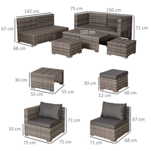 Conjunto 8 Piezas de Sofás Ratán con Mesa de Centro y Reposapiés