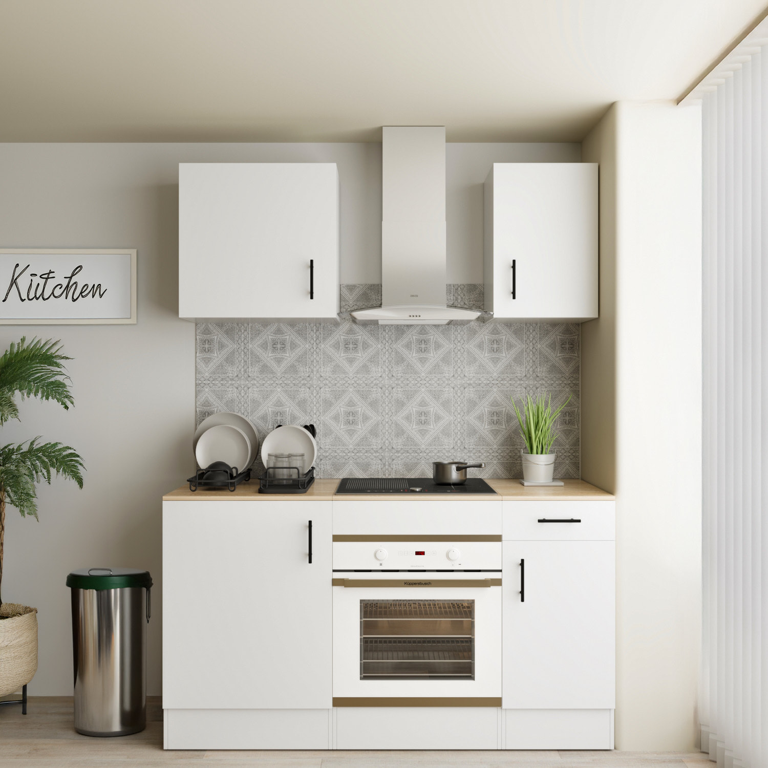Cucina Componibile Completa Da 160 Cm Moderna con Cassetti Ammortizzati Piedini Regolabili Moduli Pensili Facile Da Installare Bianco Lucido e Rovere