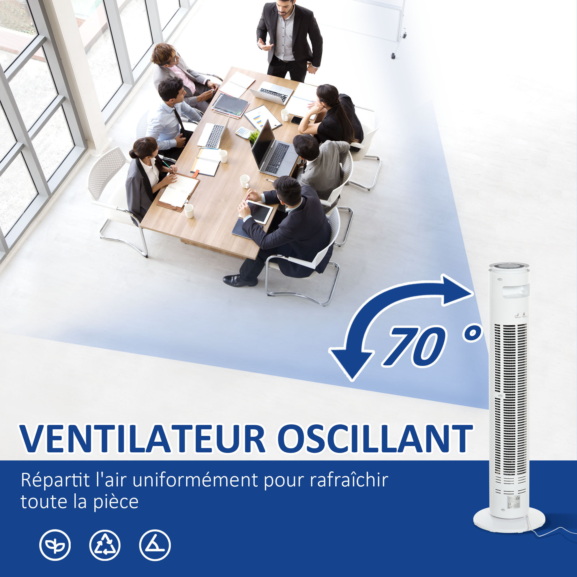 Ventilateur colonne tour oscillant 45 W silencieux télécommande incluse minuterie 3 modes 3 vitesses blanc