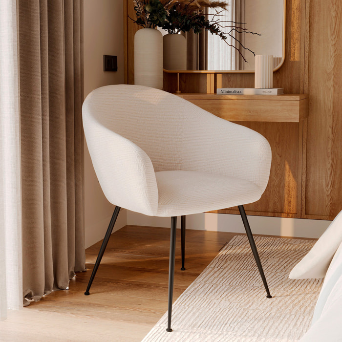 Fauteuil en tissu blanc chiné et pieds en métal noir - Socky