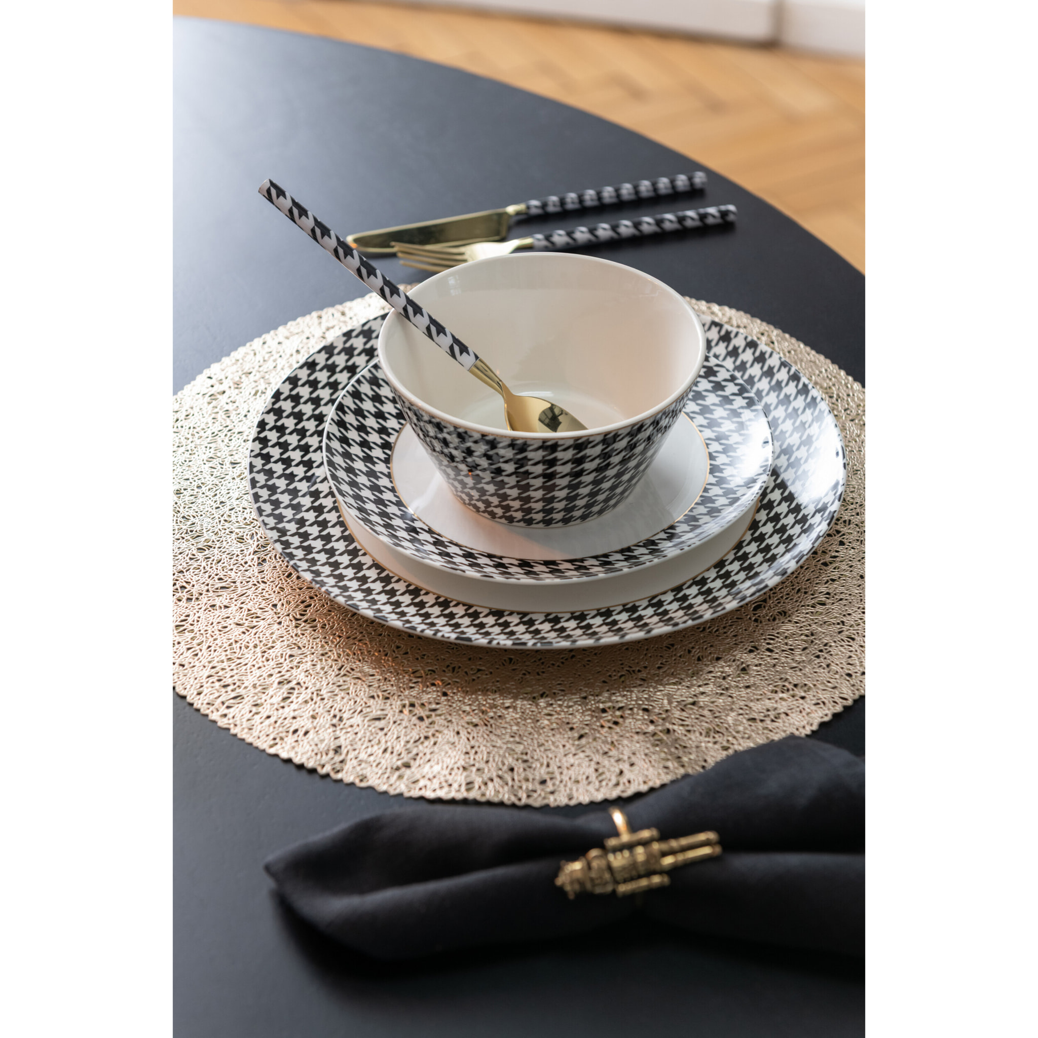 J-Line assiette Pied-De-Poule - porcelaine - blanc/noir - medium - boîte de 4