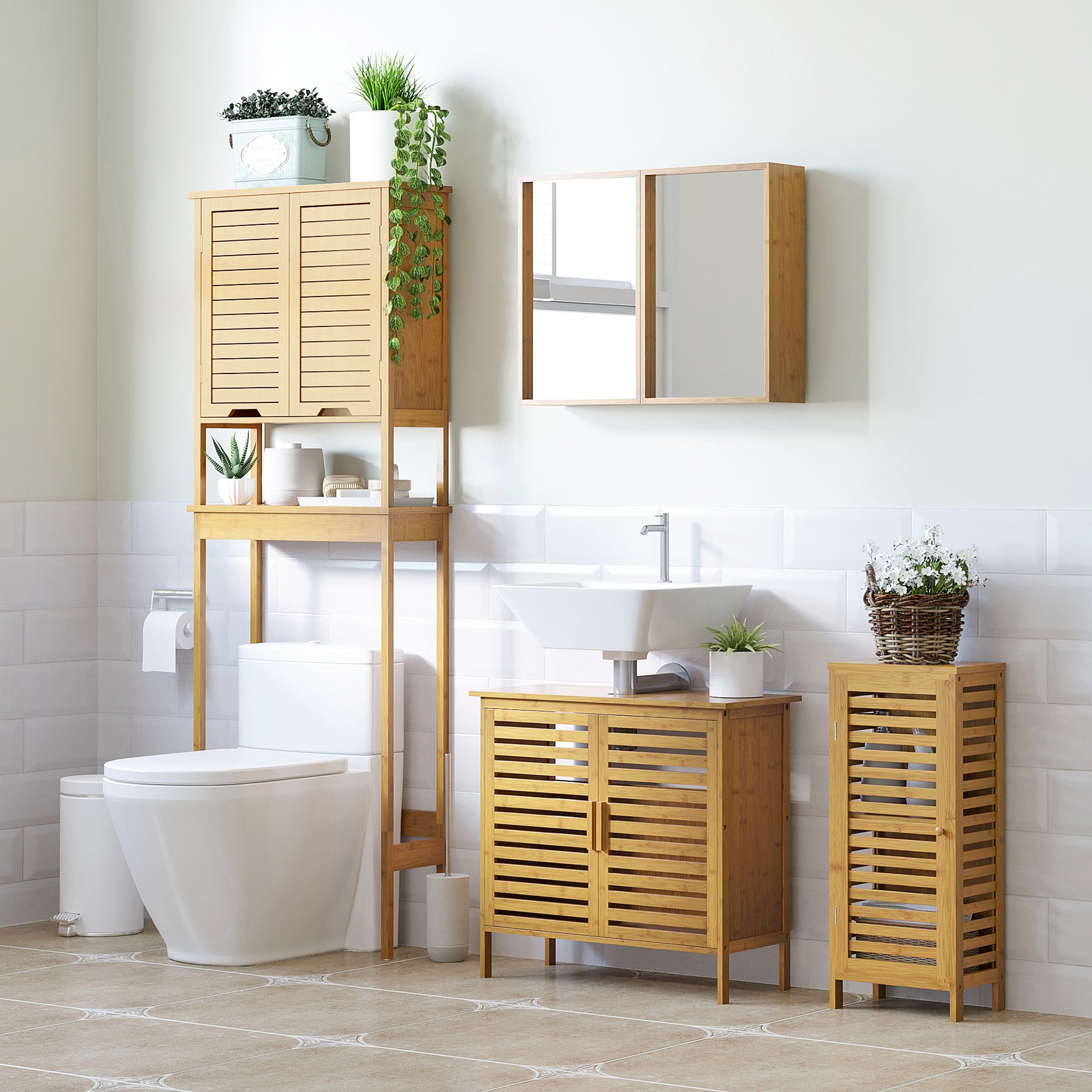 Mueble Auxiliar de Baño de Bambú Armario de Baño Moderno con Estantes Ajustables Mueble de Almacenaje para Salón Cocina Antivuelco 30x19,9x70 cm Natural