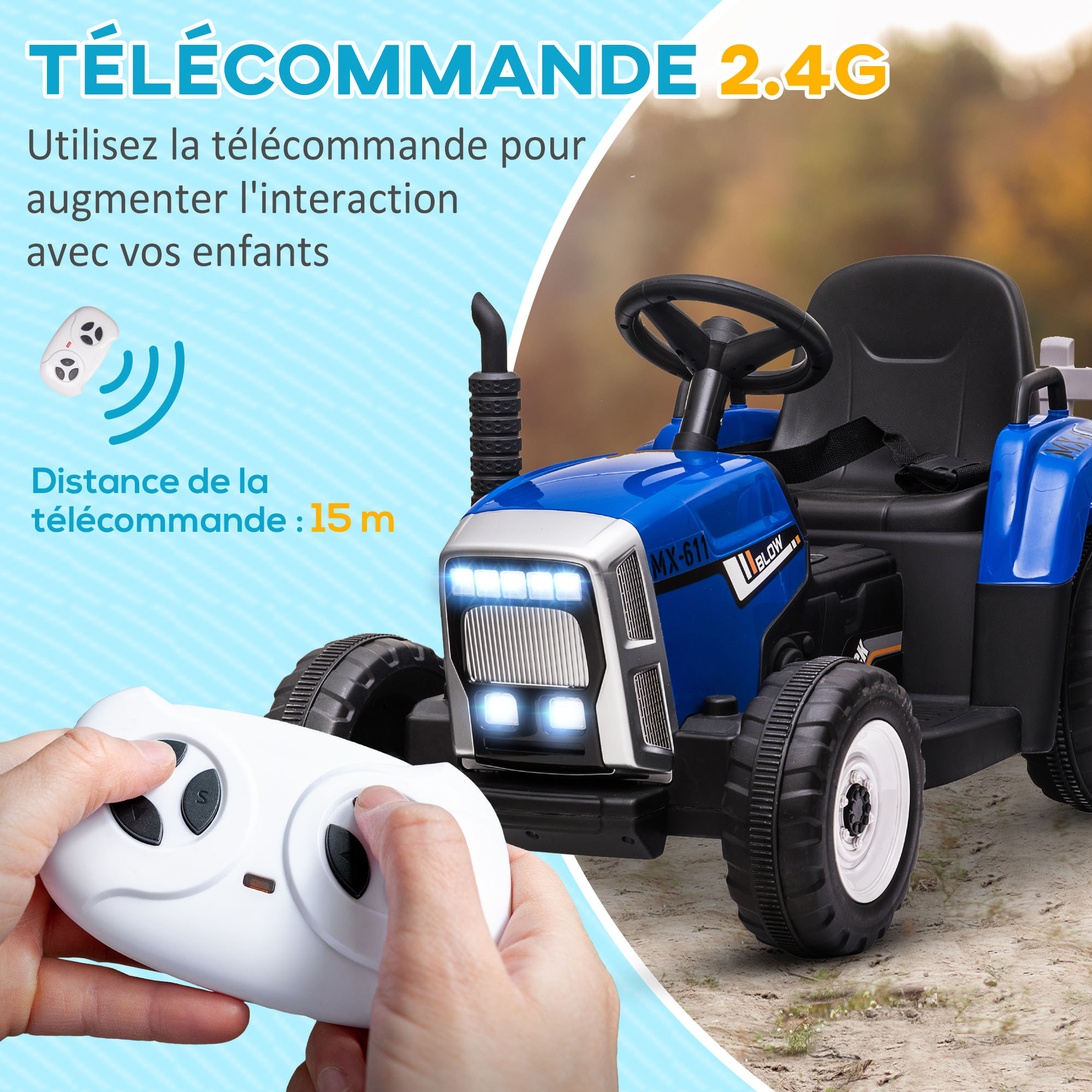 Tracteur électrique avec remorque amovible, voiture électrique enfants de 3 à 6 ans avec télécommande MP3 musique affichage lumières et ceinture de sécurité, 12V 3-6 km/h, bleu