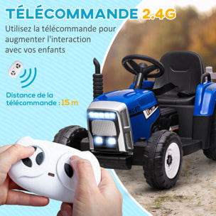 Tracteur électrique avec remorque amovible, voiture électrique enfants de 3 à 6 ans avec télécommande MP3 musique affichage lumières et ceinture de sécurité, 12V 3-6 km/h, bleu