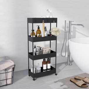 Carro de Cocina de Almacenamiento de 4 Niveles Carrito Auxiliar con Ruedas 4 Cestas y 4 Ganchos Extraíbles Carrito de Cocina para Comedor Baño Salón 40x19x90 cm Negro