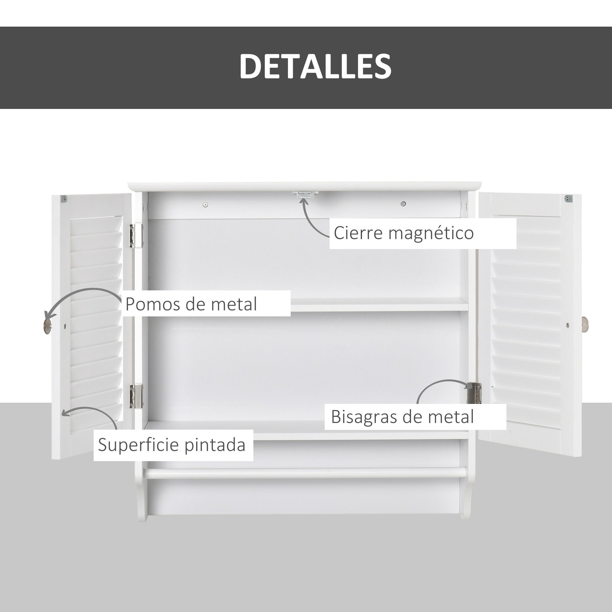 Armario Baño de Pared con 2 Puertas de Persiana Estante Interior y Barra de Toallero Mueble Auxiliar Suspendido Moderno Multiusos para Cocina 60x23x60 cm Blanco