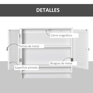 Armario Baño de Pared con 2 Puertas de Persiana Estante Interior y Barra de Toallero Mueble Auxiliar Suspendido Moderno Multiusos para Cocina 60x23x60 cm Blanco