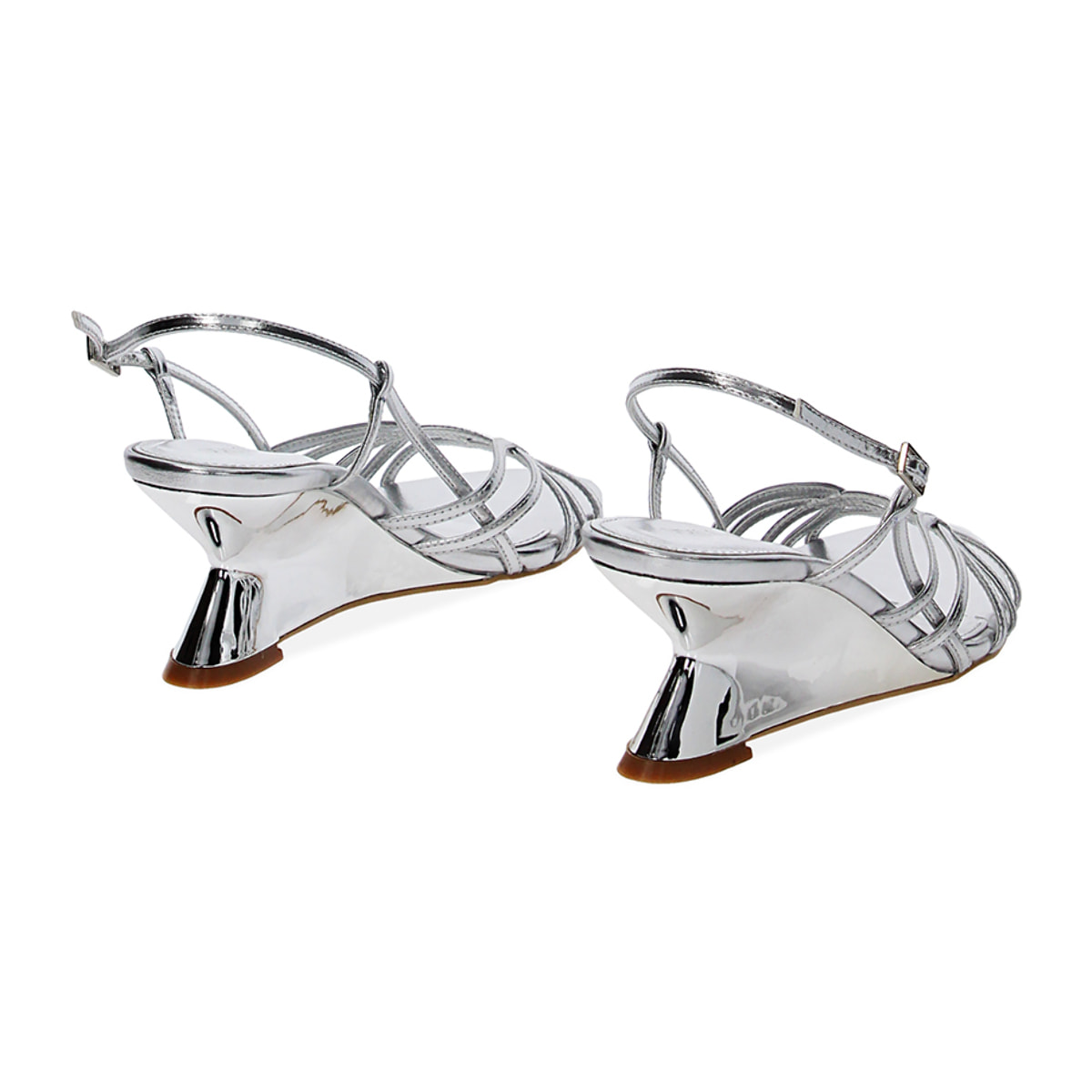 Sandali argento in laminato, zeppa 6,5 cm