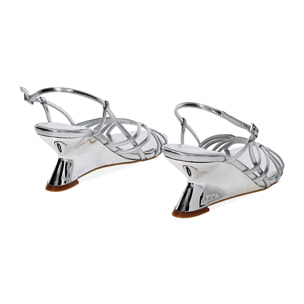 Sandali argento in laminato, zeppa 6,5 cm