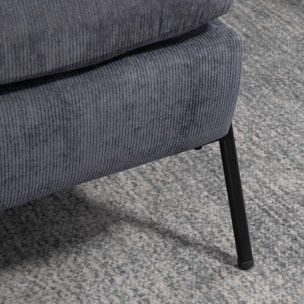 Fauteuil lounge style néo-rétro avec repose-pied - dossier inclinable - structure acier noir accoudoirs bois hévéa revêtement velours cotelé gris