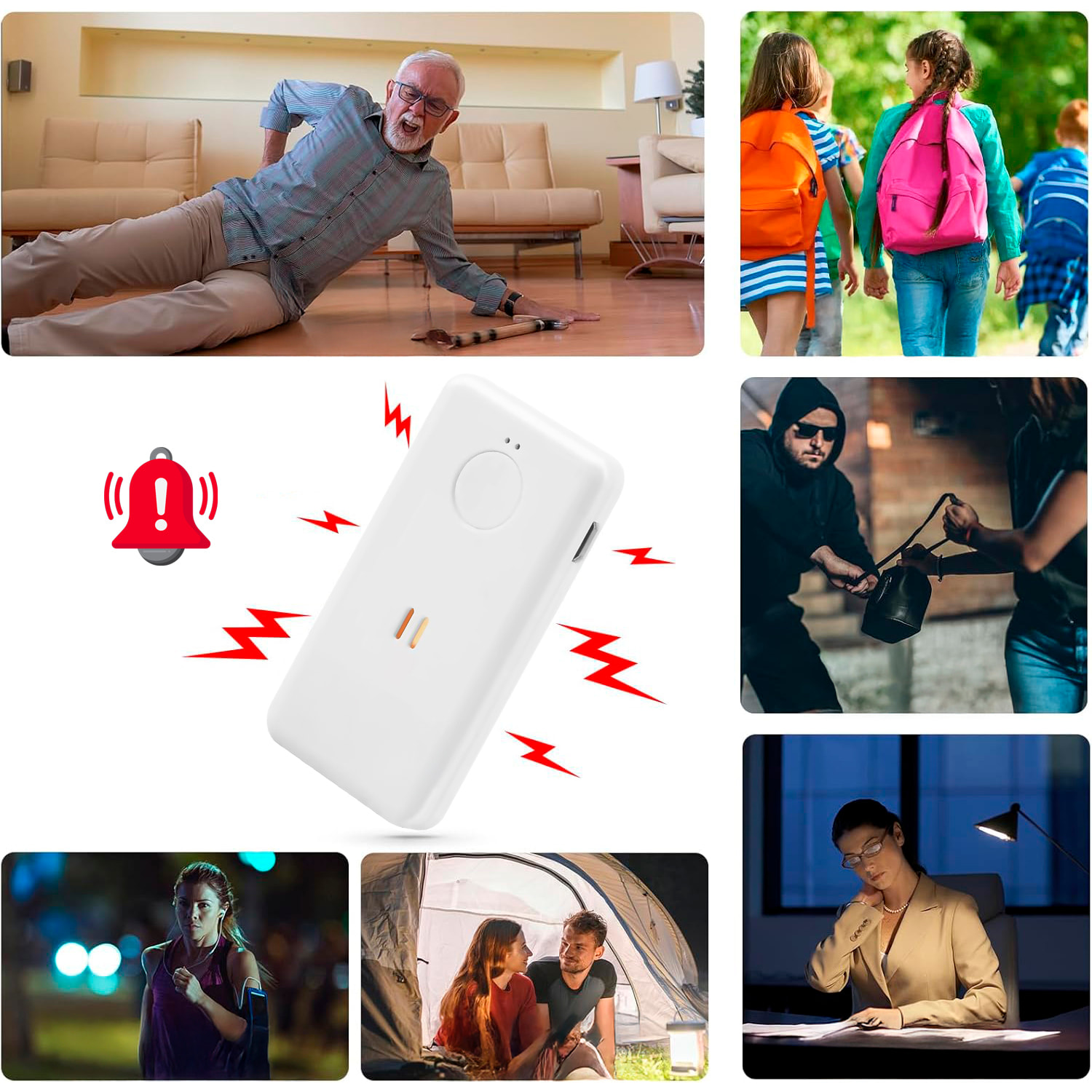 Allarme SOS personale con suono di 130dB. Batteria ricaricabile con fino a 90 minuti di suono continuo.