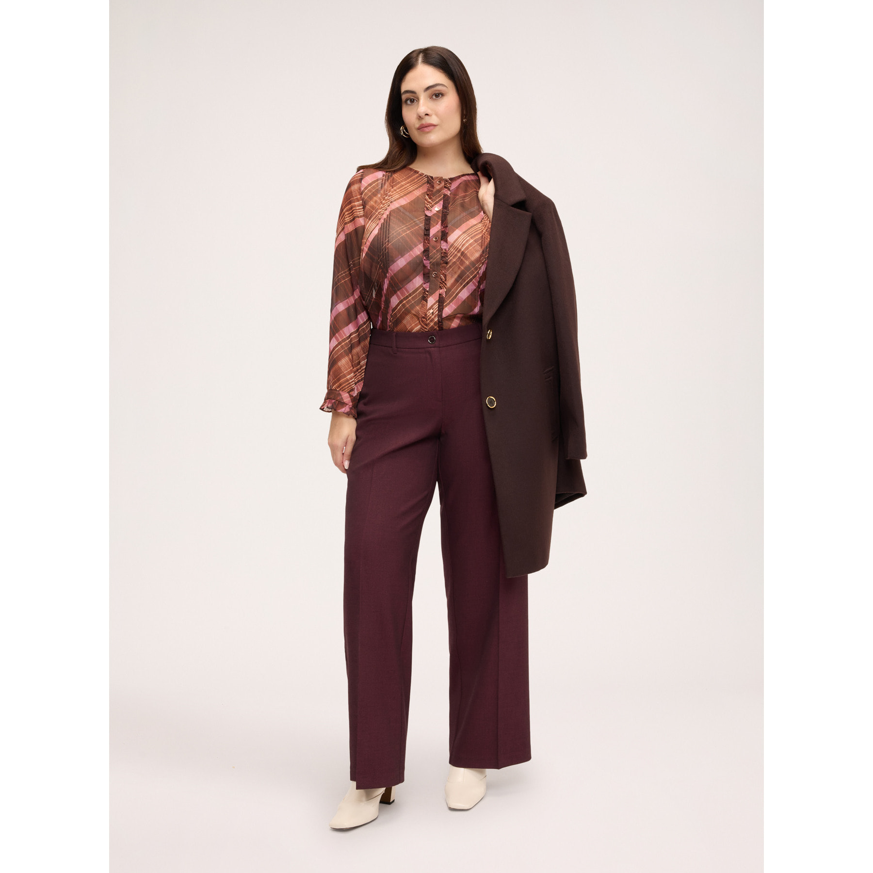 Fiorella Rubino - Camicia con stampa check e balze in georgette - Marrone