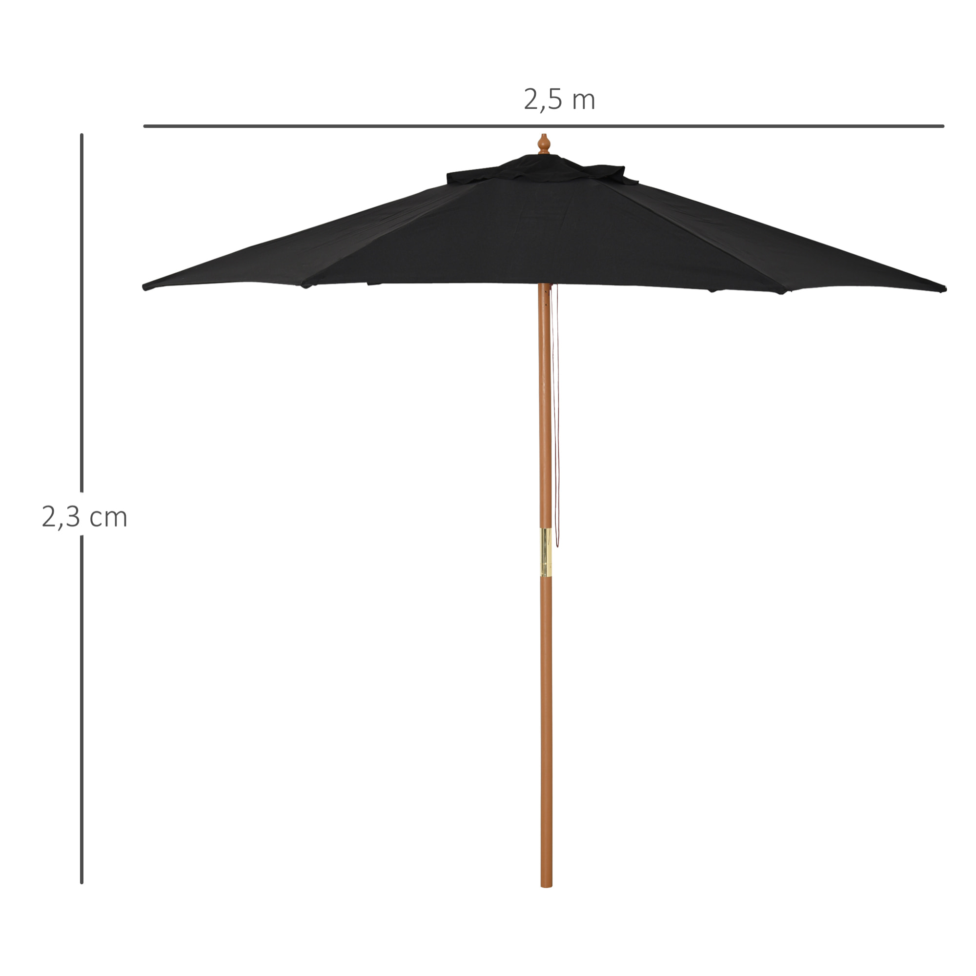 Sombrilla Parasol de Madera Ø250x230cm para Exterior con 6 Varillas Sistema de Cuerda con Fijación Desmontable Portátil Fácil de Guardar y Transportar Negro