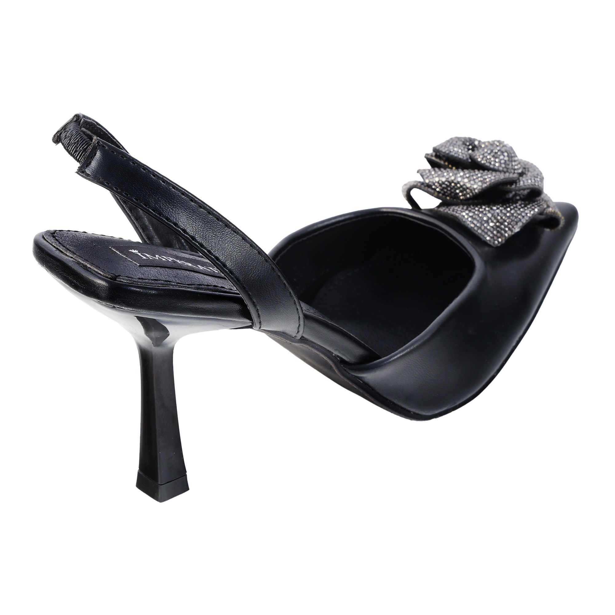 Decolletè in simil pelle con applicazione e tacco verniciato