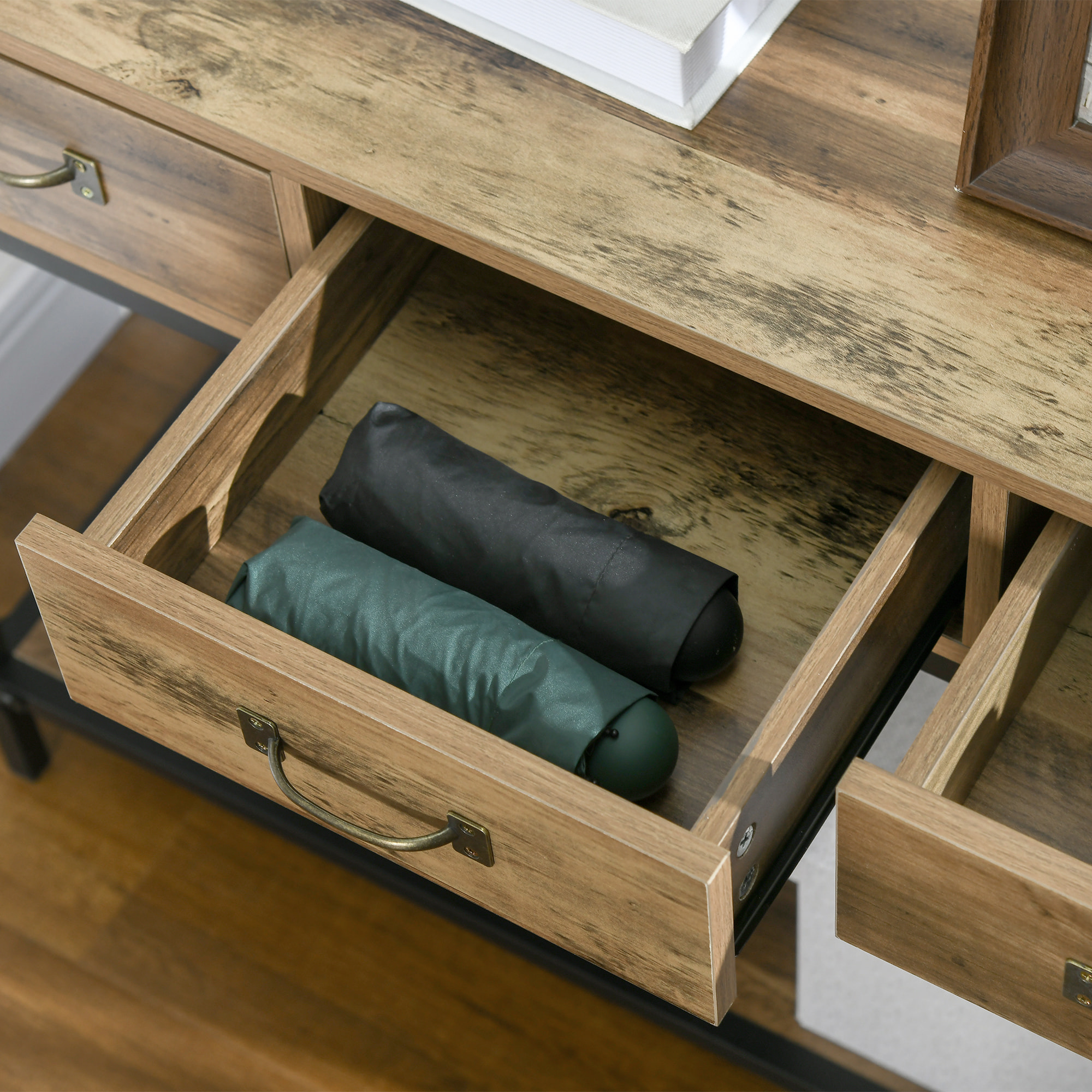 Console table d'appoint design industriel 3 tiroirs étagère acier noir panneaux particules aspect bois vieilli