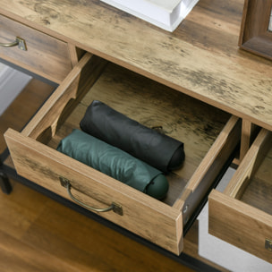 Console table d'appoint design industriel 3 tiroirs étagère acier noir panneaux particules aspect bois vieilli