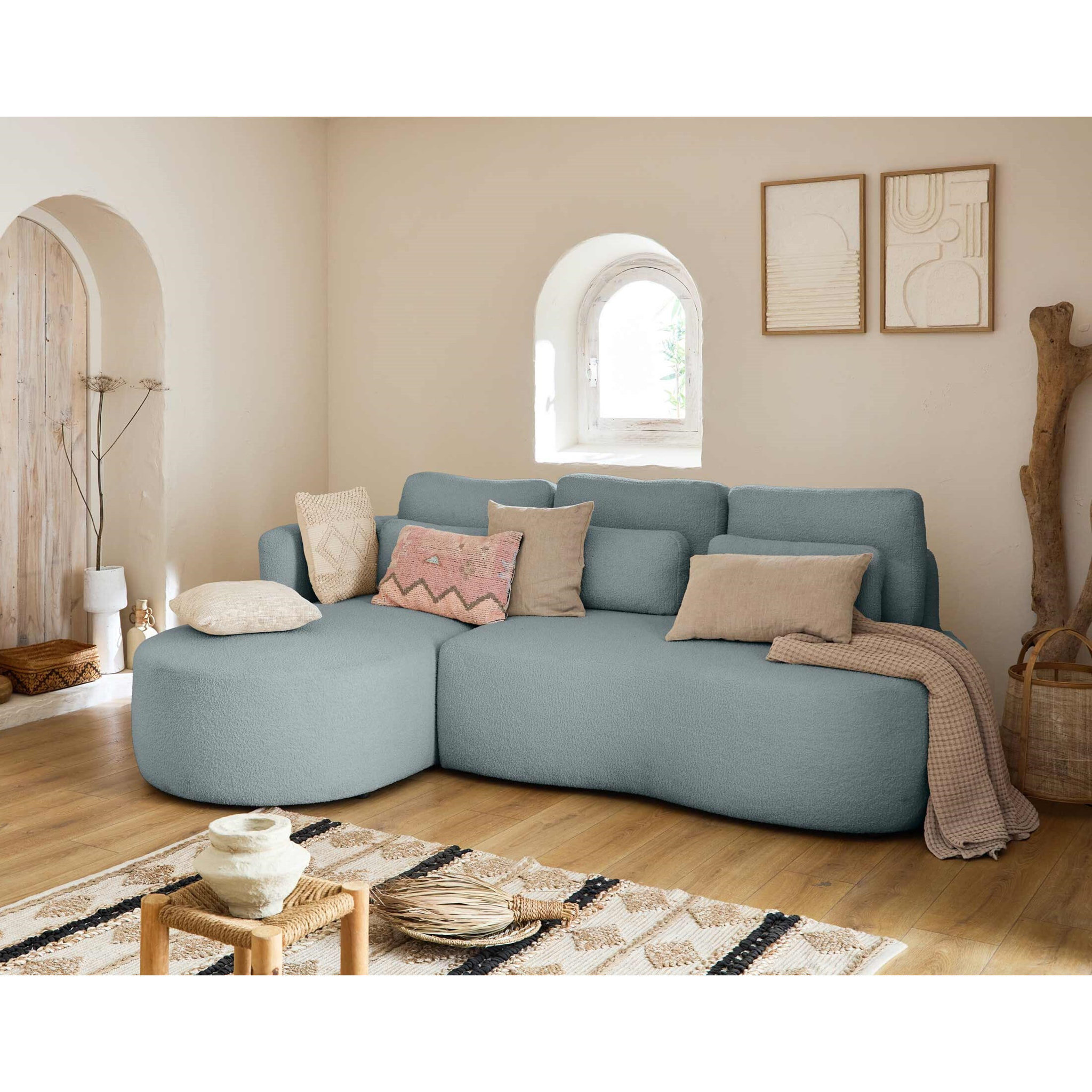 Mahina - canapé d'angle gauche - 4 places - convertible avec coffre - en tissu bouclette - Vert