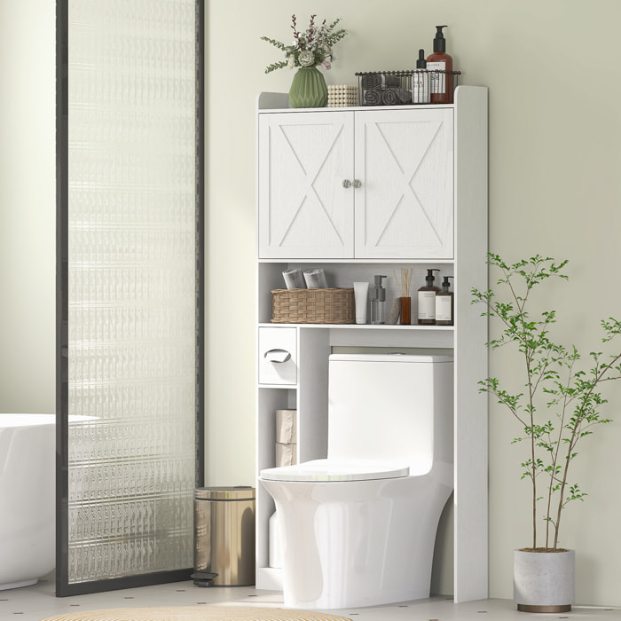 Meuble WC meuble dessus toilettes 2 portes étagère 3 niches porte-papier blanc