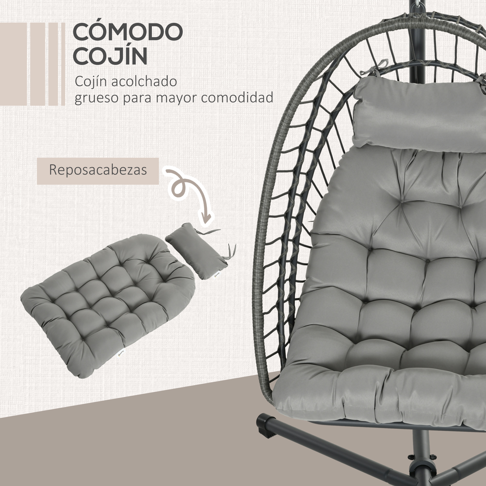 Silla Colgante de Ratán Sillón Colgante Plegable con Cojín Reposacabezas y Marco de Acero Carga 100 kg para Interior y Exterior Gris Oscuro