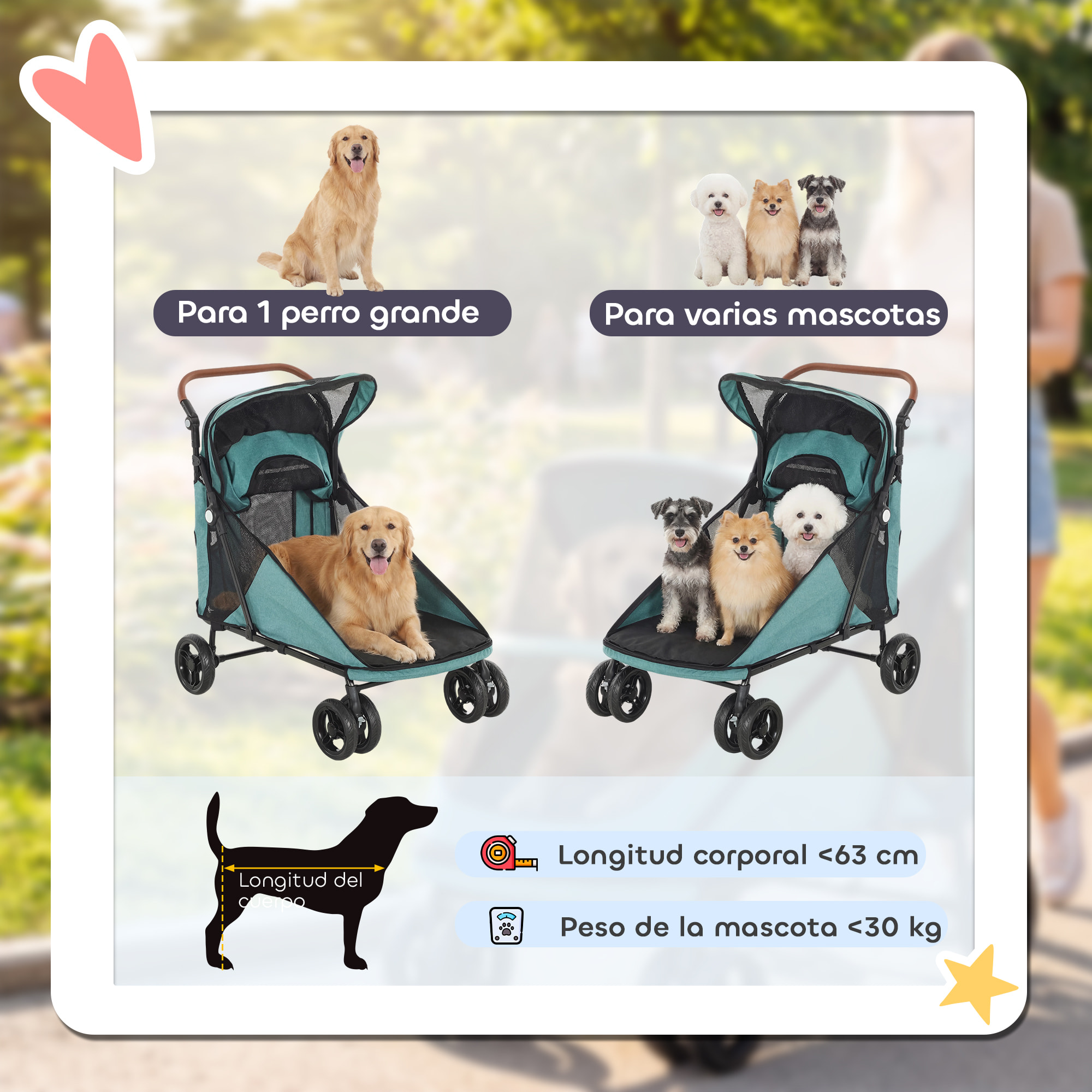 Carrito para Perros y Gatos Grande Plegable con un Botón hasta 30 kg, Cochecito para Perros Medianos y Grandes, Suspensión 4 Ruedas, Giratorio, Freno de Pie, Cojín Lavable, Turquesa