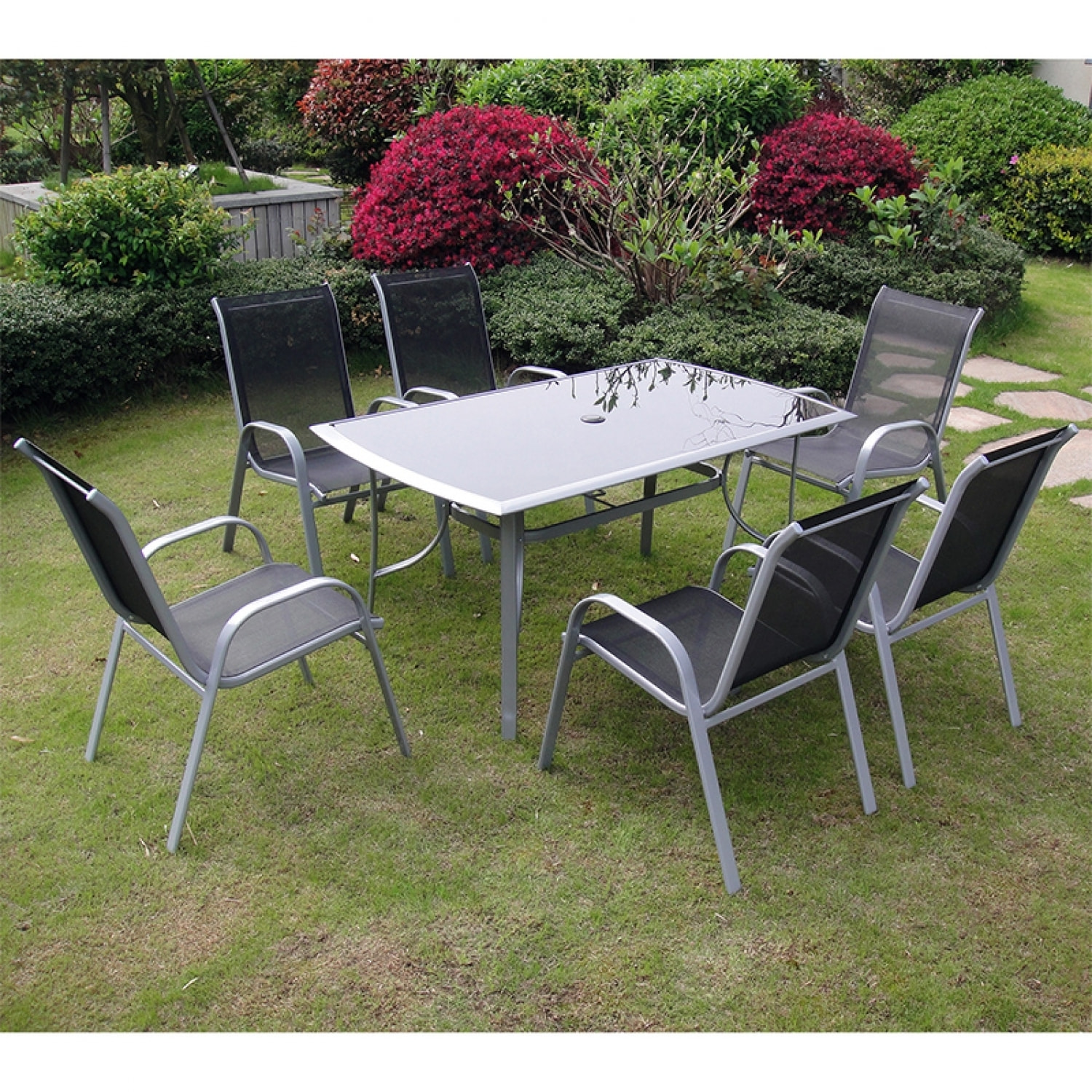 Table de jardin et 6 chaises en aluminium et acier gris BOROA