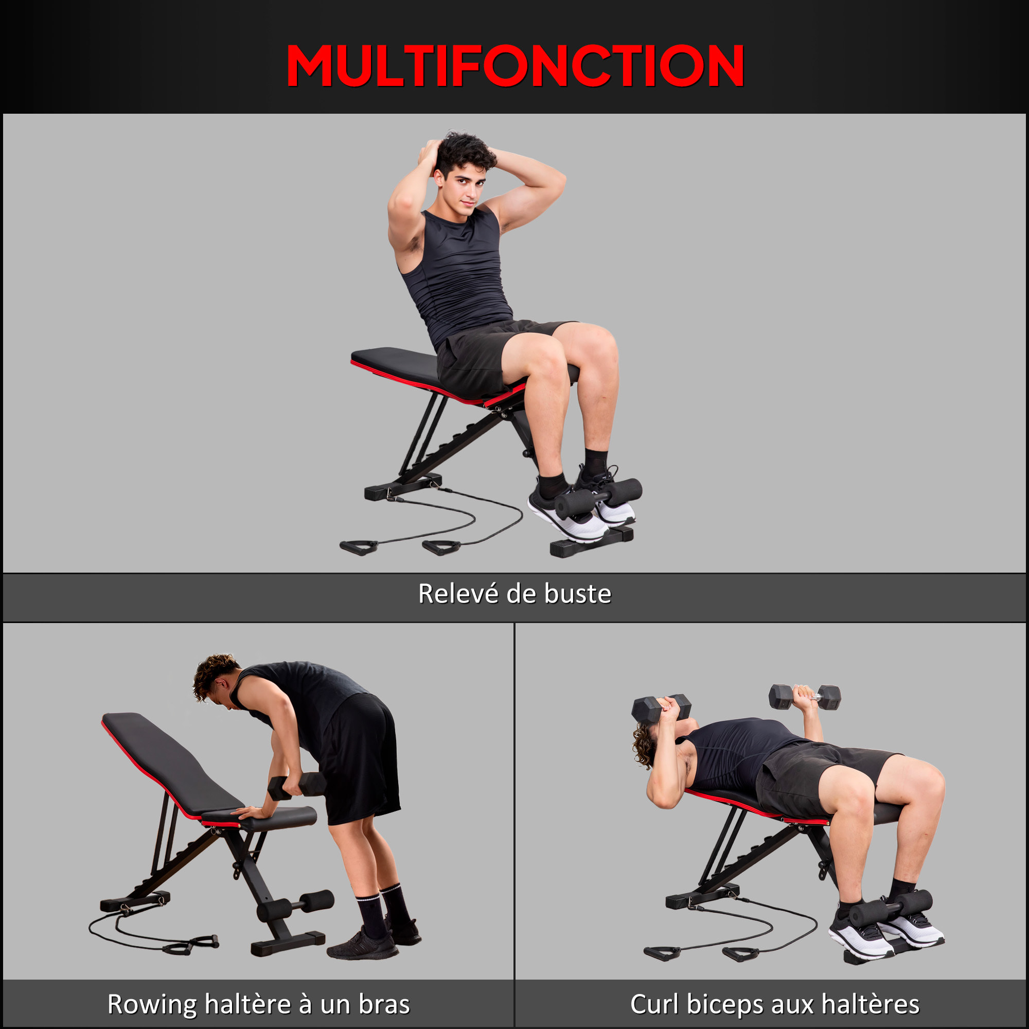 Banc de musculation pliable réglable 2 bandes de résistance incluses max. 120Kg