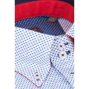 Camicia Uomo 2 Bottoni Button Down Slim Popeline Stampato Bianco e Blu