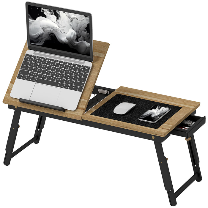 Mesa Reclinable para Cama y Sofá, Bandeja Plegable con Cajón Lateral, para Ordenador Portátil y Libros, con Cinco Alturas, Patas Ajustables, Mesita Auxiliar de Bambú y MDF, 83,5x33x34 cm, Roble