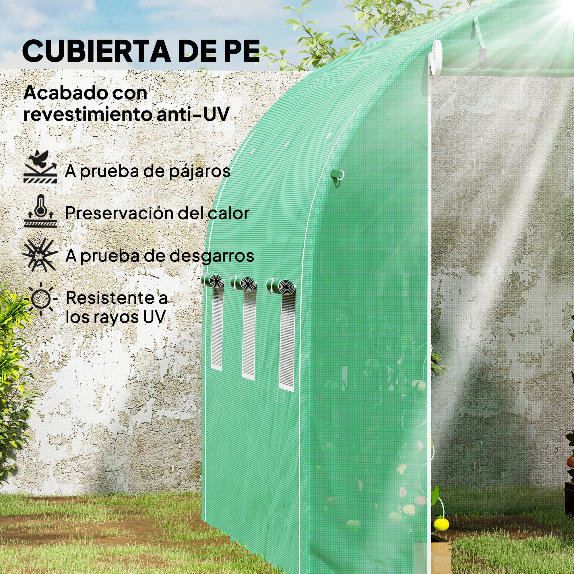 Invernadero de Túnel 296x196x200 cm Invernadero de Jardín con 3 Puertas Enrollables 6 Ventanas Cubierta PE 140g/m² Estructura de Acero Galvanizado para Cultivos Plantas Flores Verde
