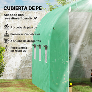 Invernadero de Túnel 296x196x200 cm Invernadero de Jardín con 3 Puertas Enrollables 6 Ventanas Cubierta PE 140g/m² Estructura de Acero Galvanizado para Cultivos Plantas Flores Verde