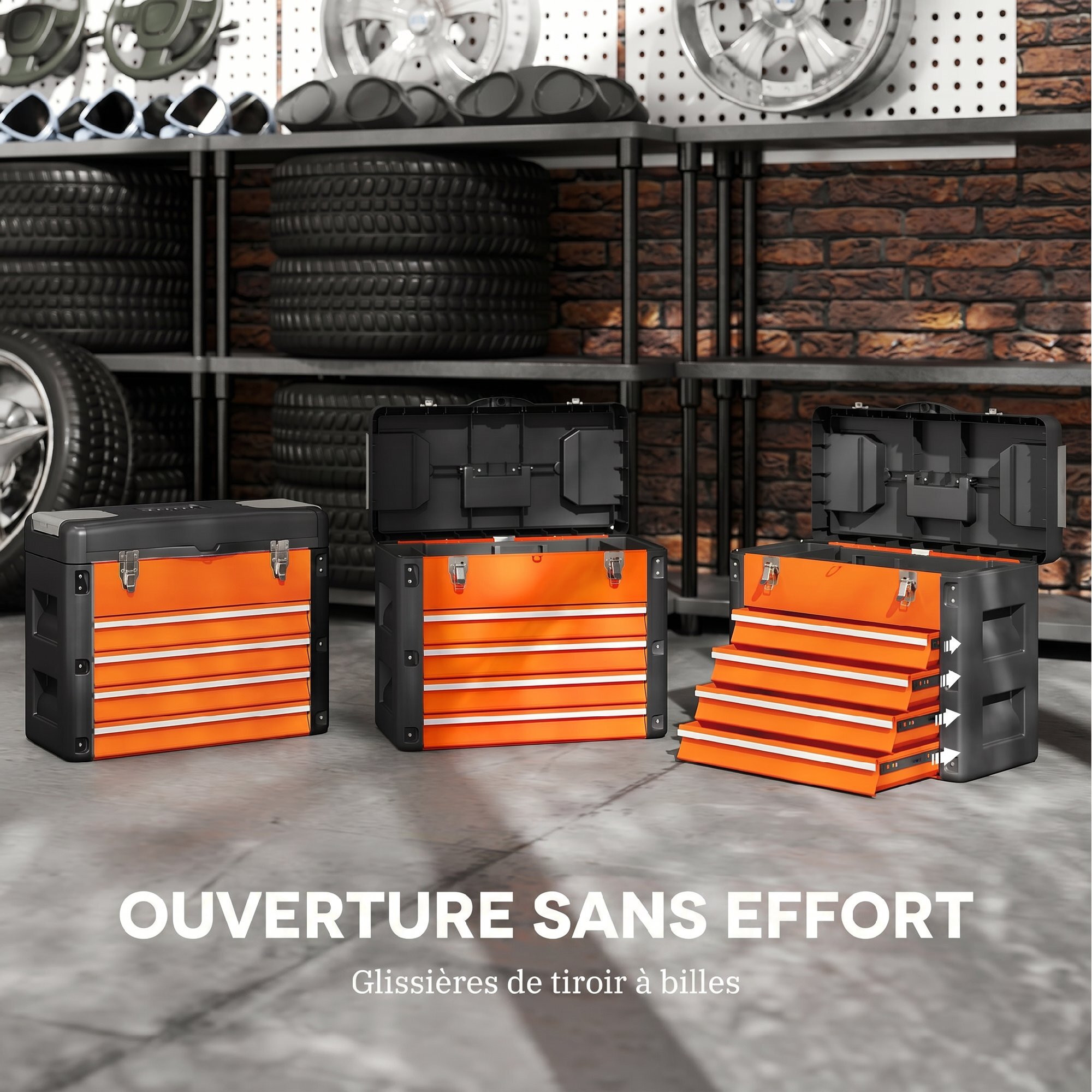 Boîte à outils 4 tiroirs plateau amovible 2 boites visserie acier PP noir orange