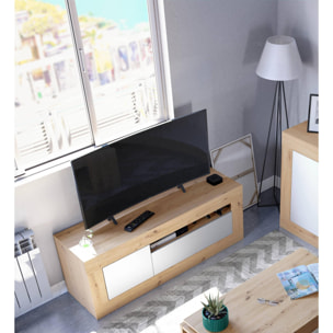 Mobile porta TV Killeen, Credenza per televisione da soggiorno, Supporto TV a 2 ante, cm 139x42h53, Rovere nodi e Bianco