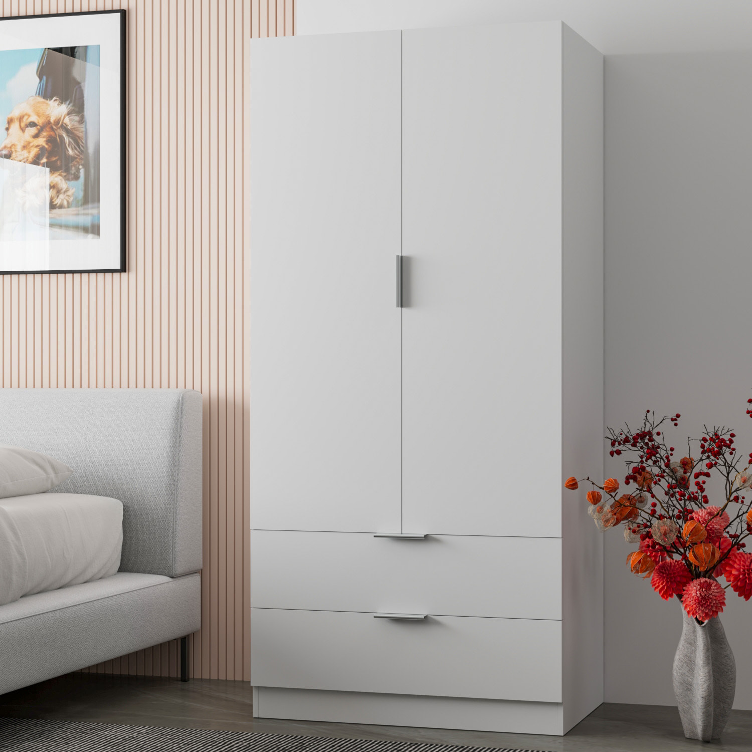 Armadio Santa Clara Armadietto Multiuso per Camera da Letto con Appendiabiti 2 Ante con Maniglie in Metallo e 2 Cassetti 180 x 81 x 52 Cm Bianco