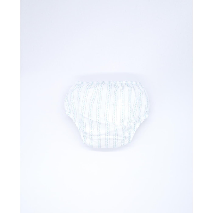 Cubrepañal estampado de flores y rayas. Elastico en la cintura y en las piernas.