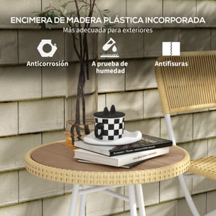 Mesa Auxiliar de Ratán Sintético Mesa de Centro Redonda con Tablero de Madera Plástica y Marco de Acero Galvanizado Carga 30 kg para Terraza Balcón Jardín 50x50x55 cm Natural