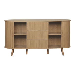 Buffet scandinave ovale 2 portes coulissantes. 4 compartiments. 3 tiroirs. effet bois rainuré. teinte naturelle. L 150 x P 40 x H 79cm