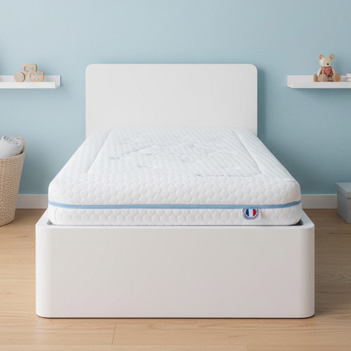 Matelas Enfant Ourson, glissière Bleu, 14 cm, Mousse Haute Densité Supersoft, Déhoussable, Soutien Medium, Fabrication Française, CertiPUR Oeko-Tex