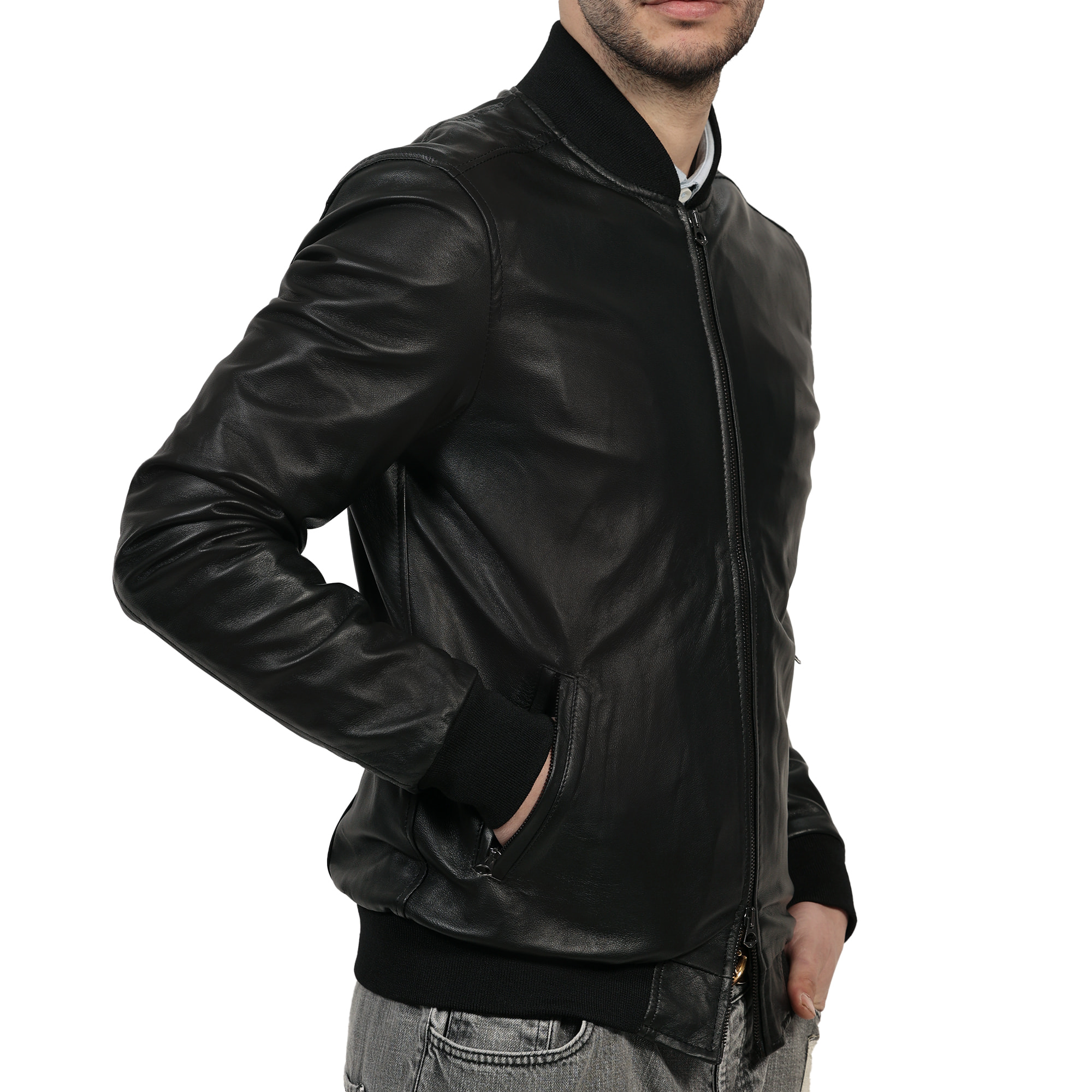 Giubbino in vera pelle di vitello Nero-Slim Fit