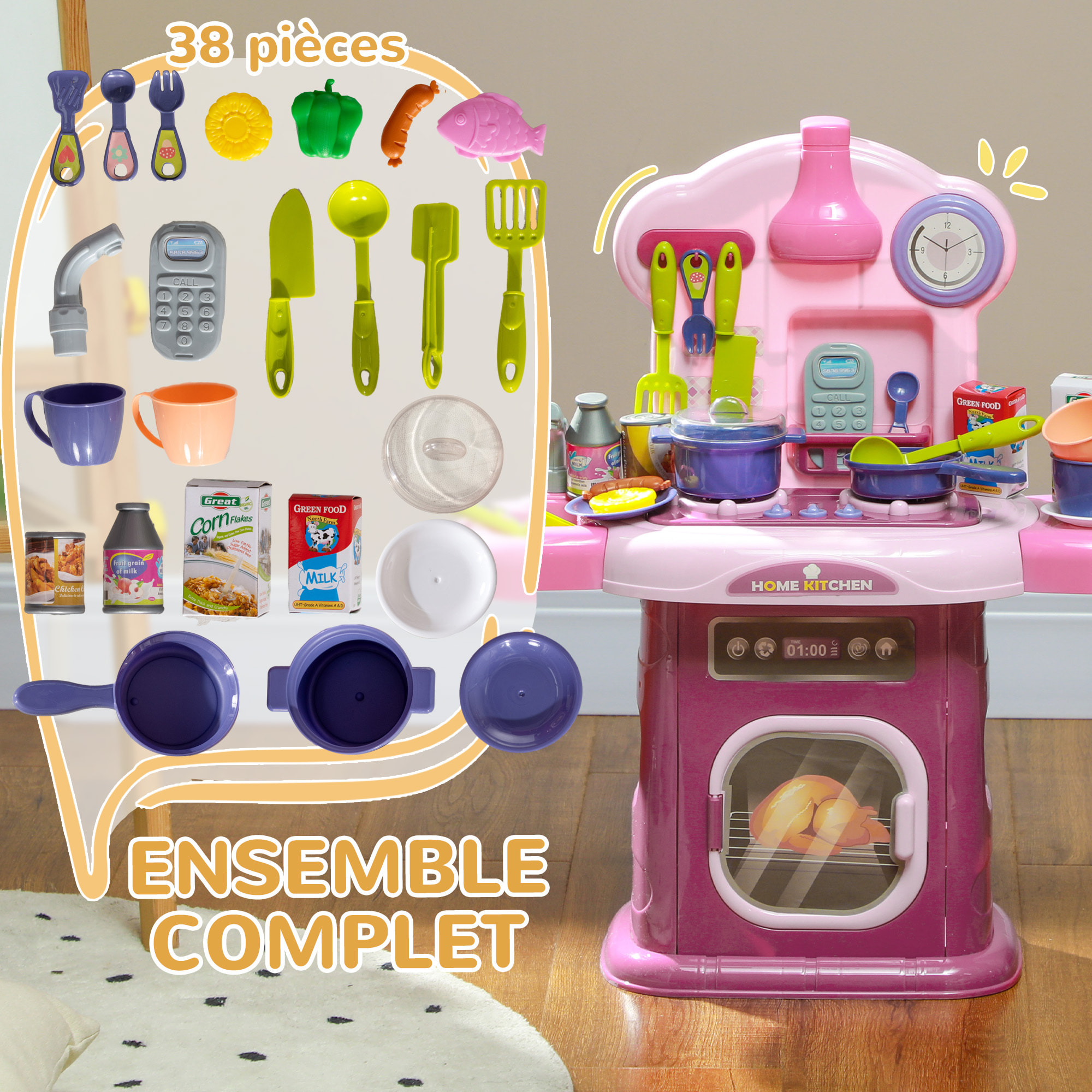 Cuisine enfant jouet d'imitation effets lumineux sonores nombreux accessoires rose