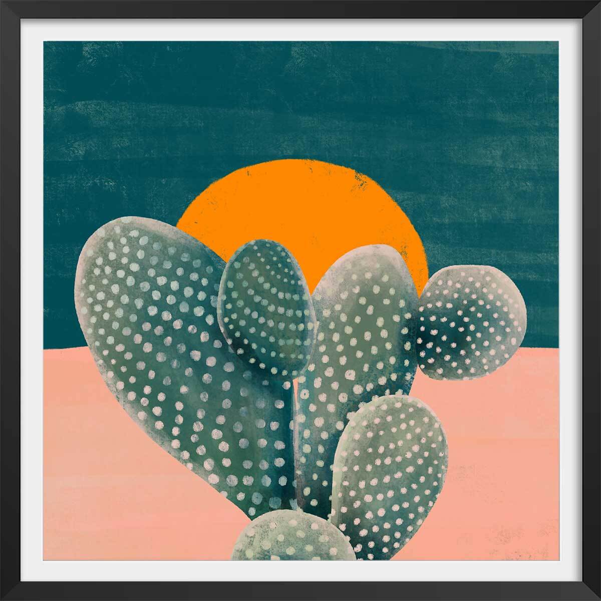 Affiche illustration cactus et soleil orange Affiche + cadre en bois - Noir