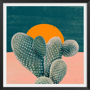 Affiche illustration cactus et soleil orange Affiche + cadre en bois - Noir